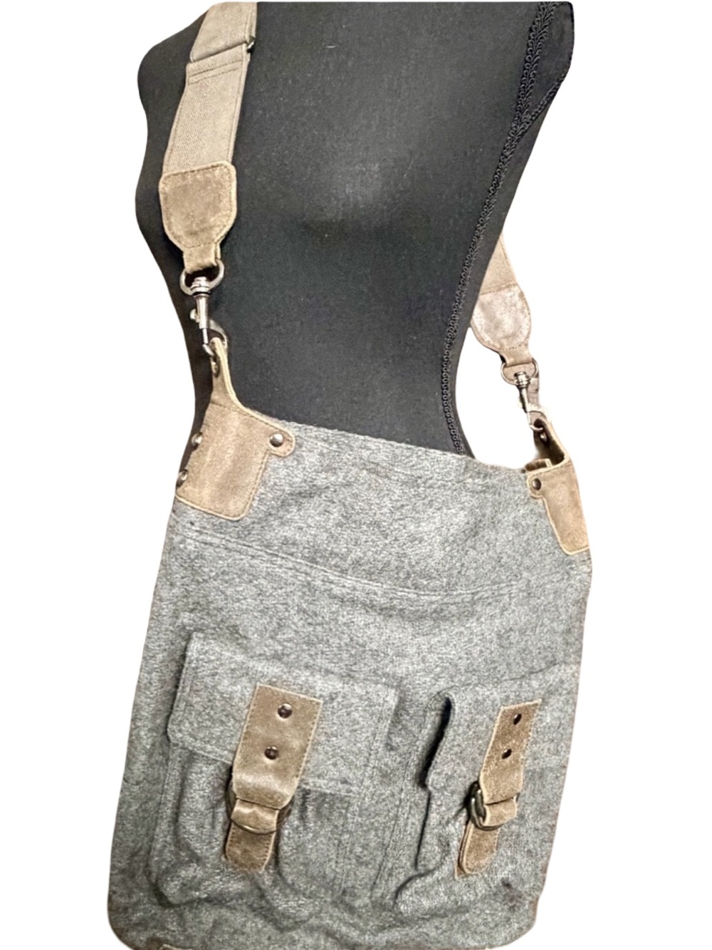 Gray Wool Crossbody Bag with Brown Suede Accents